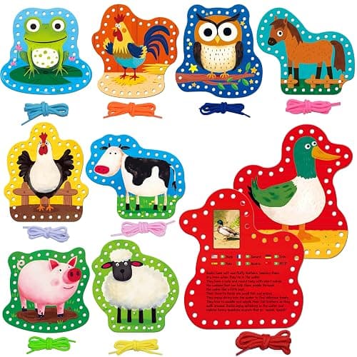 SpriteGru 9 PCS Kids Lacing Cards, 9 Double Sided Farm Animals Sewing Cards with 9 Colorful Laces, Educational & Learning Toys for Preschoolers, Kids Ages 3+ - Image 1