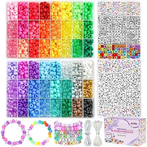 Gionlion 4200Pcs Pony Beads for Bracelet Making Kit, 48 Colors Kandi Beads Bracelet Kit, 2500pcs Rainbow Candy, 1700pcs Friendship Letter Bead with 20 Meter Elastic Strings for Jewelry Making - Image 1