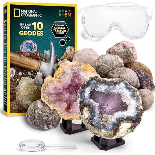 National Geographic Break Open 10 Premium Geodes – Includes Goggles & Display Stands - STEM Science Kit, Geology Gift for Kids, Break Your Own Geodes - Image 1