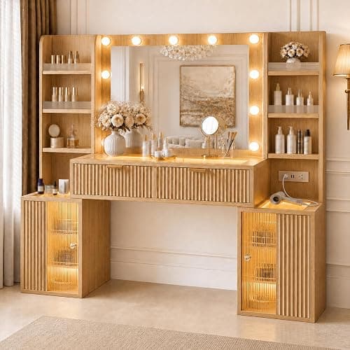 56'' Fluted Wooden Vanity with RGB Hollywood Lights & 36" HD Mirror -Oak | Big Vanity with Glass Top, Drawers, 16 Storage Area, Boho Makeup Vanity With Charging Station for Girls, Women , Bedroom -Oak - Image 1