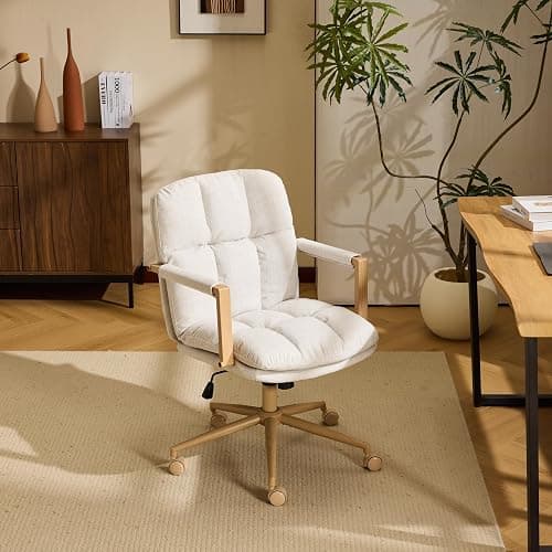 VINGLI Comfy Linen Office Desk Chair with Wheels & Detachable Cushions & Wood-Like Armrests,Swivel Small Computer Task Chair,Adjustable for Girl Makeup Vanity,Teen/Kids Study,Nail Tech,Sewing,White - Image 1