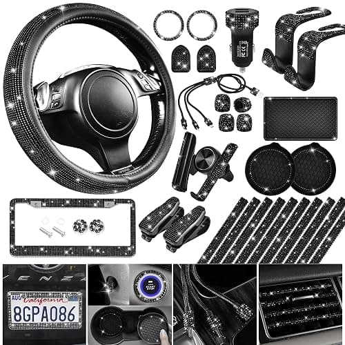 CAR PASS 30 PCS Bling Diamond Car Accessories Set for Women, Bling Steering Wheel Covers 15 Inch, Shining Rhinestone License Plate Frame, Sparkly Phone Holder, Cute Interior Set Decorations, Black - Image 1