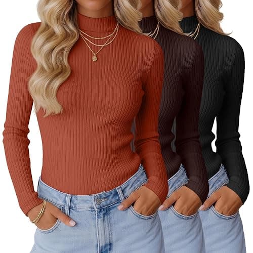 Xaatren 3 Pack Women's Mock Turtleneck Tops Ribbed Long Sleeve Shirts Mock Neck Slim Fit Undershirt Casual Basic Layering Tee - Image 1