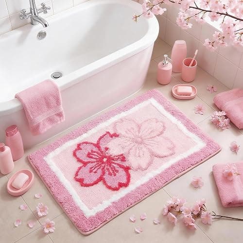Boao Cherry Bath Mat Blossom Pink Flower Tufted Bathroom Rug Non Slip Soft Absorbent Tufted Cute Cherry Bathroom Accessories Decor for Bedroom Kitchen Floor Tub Shower Sink, 24 x 16 Inches - Image 1