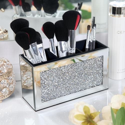 SHYFOY Mirrored Makeup Brush Holder Organizer, 3 Slot Glass Cosmetics Brushes Storage Holders with Crystal Crushed Diamond, Cute Pen and Pencil Holder for Desk, Eyeliners Display Case for Vanity - Image 1