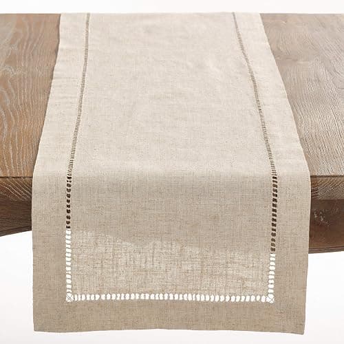 Saro Lifestyle Poly and Linen Blend Hemstitched Table Runner with Hemstitch Border, 16"x72", Natural - Image 1