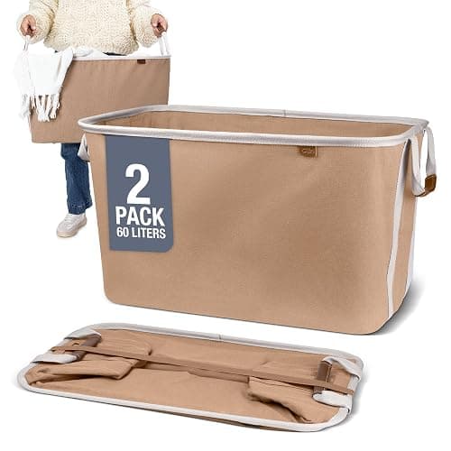 CleverMade Collapsible Laundry Basket LUXE 2 Pack – 60L (16 Gal) Foldable Cotton Blend Clothes Hamper with Vegan Leather Accents, Reinforced Handles, Space Saving Laundry Bin Holds 55 lbs - Mocha - Image 1