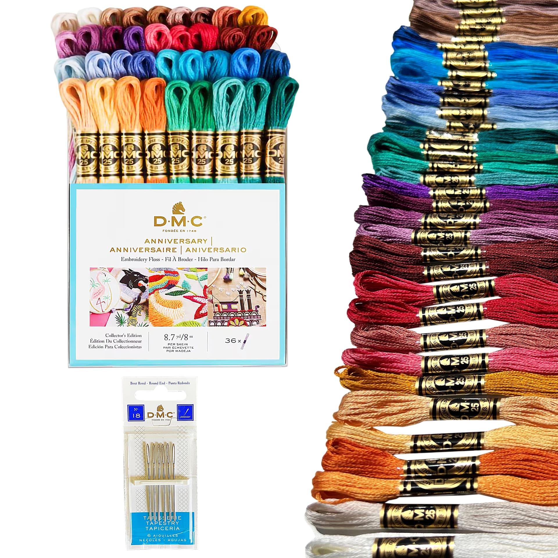 DMC Embroidery Floss, Anniversary Collection Pack. 36 Colors Cotton Embroidery Thread Bundle with Hand Embroidery Needle Size 18. Premium Cross Stitch String Set. Yarn Kit, DMC Mouline Threads. - Image 1