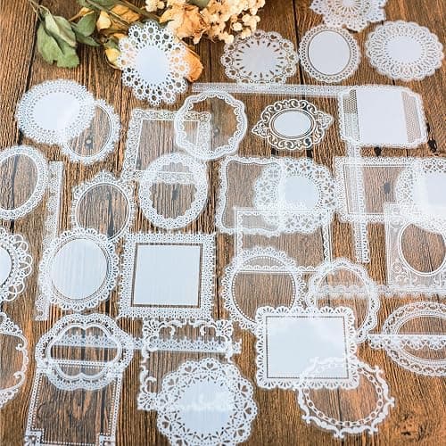 PRSTINCOL 120 PCs Lace Scrapbook Stickers,Waterproof Cutout Transparent Sticker PET Transparent Lace Stickers for Scrapbooking DIY Decoration Making Notebook Frame Album Handmade - Image 1