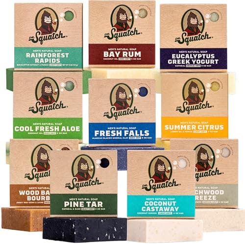 Dr. Squatch Natural Bar Soap for Men Variety Gift Set - Cold Process No Harsh Chemicals - Rainforest Rapids, Fresh Falls, Coconut Castaway, Wood Barrel Bourbon, Pine Tar & more (5 oz, 10-Pack) - Image 1