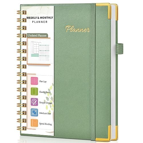 Undated Weekly Planner, Hardcover Leather Weekly & Monthly Calendar Blank Planner, To Do List Notebook with Goal & Habit Tracker Organizer, A5 Daily Planner with Spiral Binding, Ideal for Work School Home, Green - Image 1