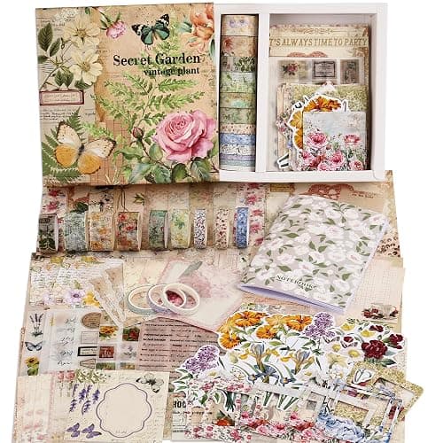 Vintage Botanical Scrapbooking Supplies Kit, Aesthetic Flower Scrapbook Kit for Bullet Junk Journal, 12 Rolls Washi Tape, Stickers Papers for DIY Journaling Supplies, Craft Gift for Girl Women - Image 1