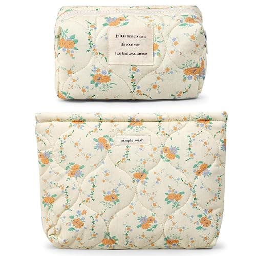 Sminra 2 Pieces Floral Makeup Bag, Cute Travel Quilted Pouch Cosmetic Bag Organizer, Small Cotton Coquette Aesthetic Purse Toiletry Bag for Women Girls accessories (2PCS-Beige Floral) - 2PCS-Beige Floral - Image 1