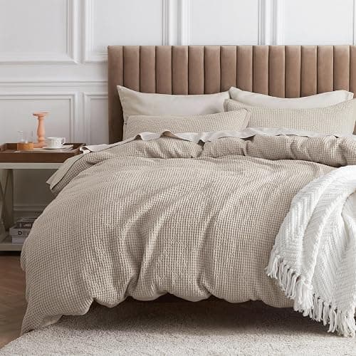 Bedsure Cotton Duvet Cover King - 100% Cotton Waffle Weave Linen Color Duvet Cover, GentleSoft™ and Breathable King Bedding Set for All Season, 3 Pieces, 104"x90" - Image 1
