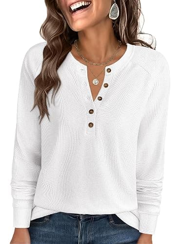 ANRABESS Women's Long Sleeve Waffle Knit Shirts Dressy Casual Loose Button Up V Neck Henley Tops 2025 Fall Basic Tee Blouse - Image 1