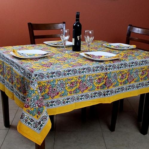 India Arts French Country Floral Print Tablecloth Square Cotton Table Linen Beach Sheet Beach Throw (Yellow, Tablelcoth 72 x 72 inches) - Image 1