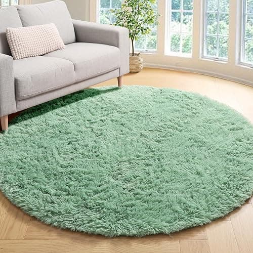 ONASAR Sage Green Round Area Rug 4ft, Fluffy Soft Bedroom Circle Rugs for Kids Girls Boys Teen Dorm Room, Cute Furry Plush Shaggy Carpet for Nursery Living Room Playroom Christmas Home Decor - Image 1
