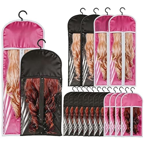 Nenkarn 16Pcs Wig Storage Bags with Hanger, 2 Sizes (23.6"/31.4") Dust-proof & Water-resistant Hair Extension Organizer, Clear Window Hanging Wig Holders for Multiple Wigs, Black & Pink - Image 1