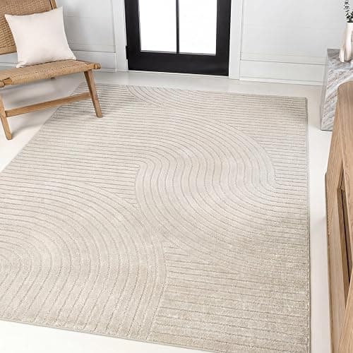 JONATHAN Y Hallie High-Low Curve Ivory/Cream Indoor/Outdoor Area Rug, 5x8, Minimalist, Pet Friendly, Non-Shedding, Stain Resistant, Hose-Washable for Backyard, Patio, Porch (SCN100B-5) - Image 1
