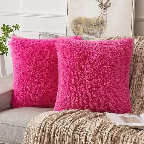 ANRODUO Pack of 2 Hot Pink Throw Pillow Covers Luxury Fluffy Pillows Faux Fur Decorative Pillows Plush Cushion Case Fuzzy Mongolian Merin Style for Bed Couch Sofa Living Room Fall Decor 18x18 Inch - Image 1