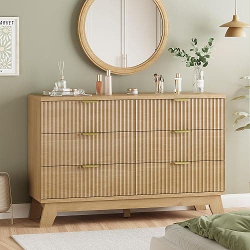 Fluted Dresser for Bedroom with 6 Drawers, 48" Wide Modern Chest of Drawers with Metal Handle, Wooden Dresser TV Stand, Wood Closet Clothes Storage Organizer for Living Room, Hallway, Natural Oak - Image 1