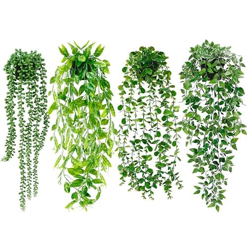 Artificial Hanging Plants for Shelf, 4 Pack Fake Potted Greenery Faux Eucalyptus Vine, Mandala Vine, String of Pearls,Pea pod Leaves in Pot for Office Living Room Bathroom Indoor Outdoor Décor - Image 1