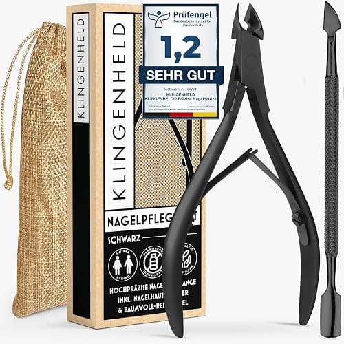 KLINGENHELD® Präzise Nagelhautzange inkl. 1 Nagelhautschieber - Sehr leichtgängig & extra scharf - inkl. Reise-Etui aus Baumwolle 100% plastikfrei & nachhaltig - Nagelhautschere, Nagelhautschneider - Black - Image 1