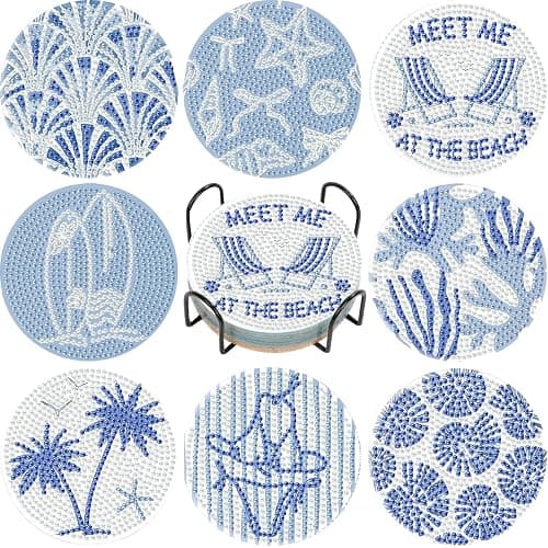 8Pcs Beach Diamond Art Coasters Kits, Summer Diamond Painting Coasters Kits | Coastal Diamond Dot Coasters for Adults Crafts 5D Gem Art Kit Easy Crafts, Non Slip Coaster for Home Decor Gift Ocean DIY - Image 1