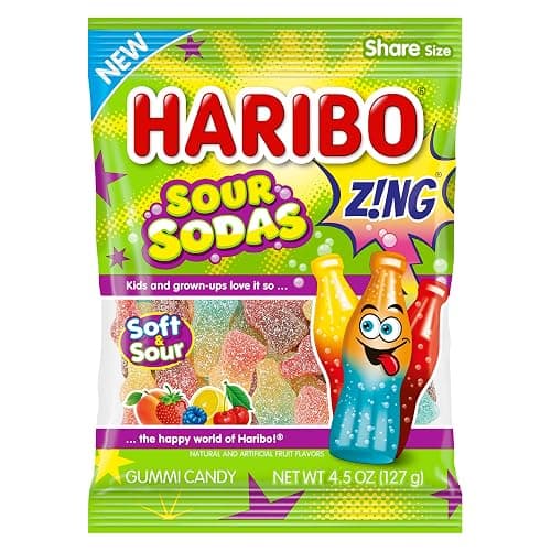 Haribo Sour Sodas Gummy Candy, 4.5 oz (Pack of 12) - Soft & Chewy Gummi Sweet Treats in Assorted Tangy Fruity Fusion Flavors, No Artificial Colors - Image 1