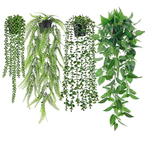 Der Rose 4Pcs Fake Plants Hanging Artificial Ivy Vine Faux Eucalyptus Hanging Plants, Boston Fern, String of Pearls for Living Room Aesthetic Bedroom Boho Kitche Wall Shelf Indoor Outdoor Decor - Image 1