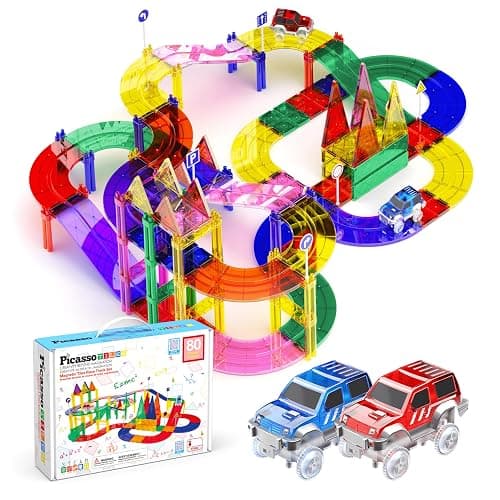 PicassoTiles 80 Piece Race Car Track Building Block Educational Toy Set Magnetic Tiles Magnet DIY Playset 2 Light Up Car STEM Learning Construction Kit Hand-Eye Coordination Fine Motor Skill Training - Image 1