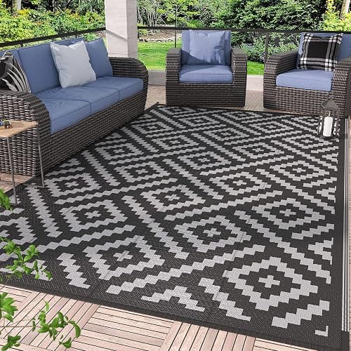 GENIMO Outdoor Rug for Patio Clearance,6'x9' Waterproof Mat,Reversible Plastic Camping Rugs,Rv,Porch,Deck,Camper,Balcony,Backyard,Black & Gray - Image 1