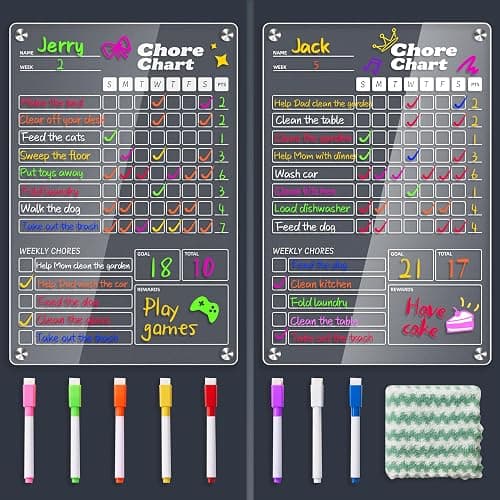 2 pcs Acrylic Magnetic Chore Chart for Kids on Fridge, Chore Board, Dry Erase Chore Chart, 12"x8" Transparent Erasable Reward Chart for Teens and Adults Chore Checklist with 8 Markers and Towel - Image 1