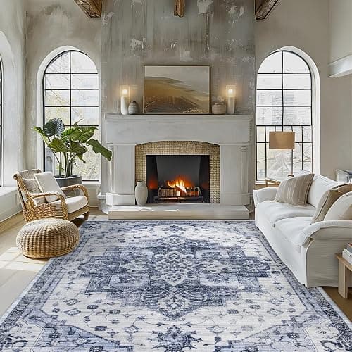 Washable Rug Living Room Rugs: 6x9 Area Rug Large Soft Boho Vintage Medallion Carpets Indoor Floor Anti Slip Non-Shedding Thin Carpet for Bedroom Dining Room Farmhouse Nursery Home Office-Blue/White - Image 1