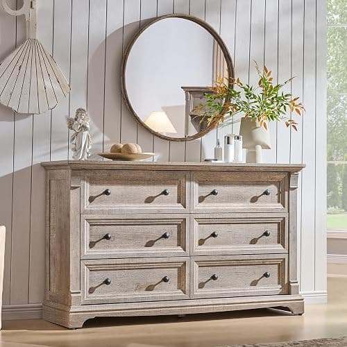 Farmhouse 6 Drawers Dresser for Bedroom, 54" Wide Large Dressers & Chests of Drawers w/Roman Column, Wooden Dresser TV Stand with Large Drawers for Nursery Bedroom Living Room Hallway,Light Rustic Oak - Image 1