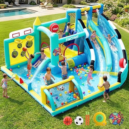 FINCOME Bounce House Double Slides for Kids 3-10, Large Bounce Castle with Air Blower 550W, Pool, Jumping, Climbing, Balls, Ring Toss, Inflatable Water Park for Birthday Party Holiday Outdoor Indoor - Image 1