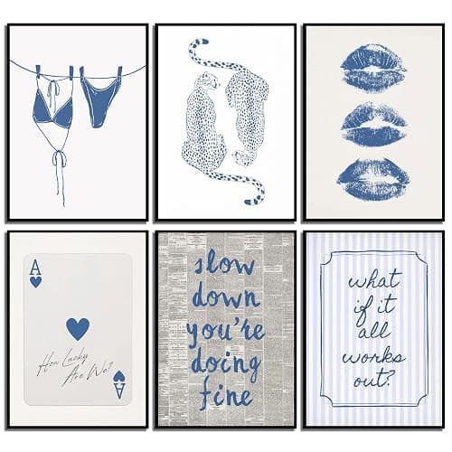 6Pcs Blue Coast Wall Art Blue and White Trend Poster Print Fashion Coast Granddaughter Painting Picture Preppy Wall Decor for Bedroom Dormitory 8x10in Unframed - Image 1