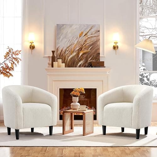 Yaheetech Furry Tub Chair, Fuzzy Accent Armchair Sherpa Fabric Club Chair Boucle Barrel Chair Upholstered for Living Room Dining Room Office Reception Cafe Bar, Ivory, 2pcs - Image 1
