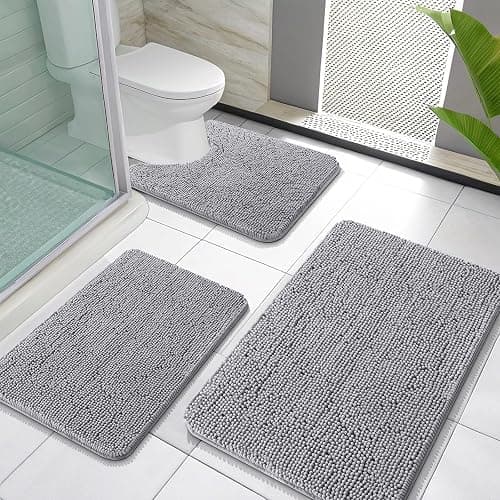 OLANLY Bathroom Rugs Sets 3 Piece, Soft Absorbent Chenille Bath Mats and U-Shaped Contour Toilet Rug, Quick Dry, Home Decor Accessories, Bath Mat Set for Bathroom (30"x20"+24"x16"+24"x20", Grey) - 30" x 20" + 24" x 16" + 24" x 20" - Grey - Image 1