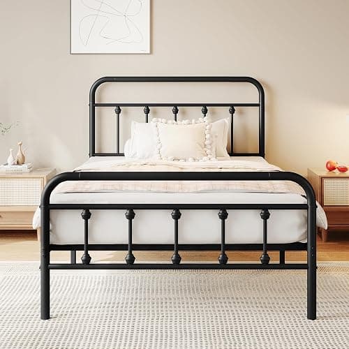 zunatu Twin Size Metal Platform Bed Frame/Victorian Style Headboard and Footboard/Steel Slat Support/Easy Assembly/No Box Spring Needed/Underbed Storage/Noise Free/Black - Twin - Victorian - Image 1