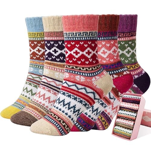 ICEIVY Womens Socks 5 Pairs Wool Warm Cotton Thick Vintage Casual Winter Cabin Crew Fuzzy Socks Gifts For Women - Image 1