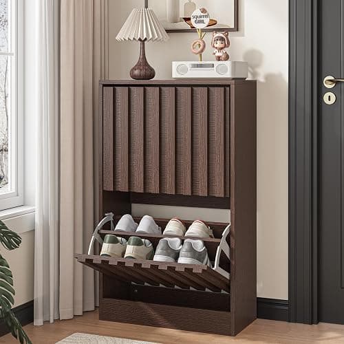 UEV Slim Wooden Shoe Storage Cabinet with 2 Flip Drawers, Modern Narrow Shoe Storage Unit with Ventilated Design, Space-Saving Entryway Shoe Rack, Walnut - Image 1