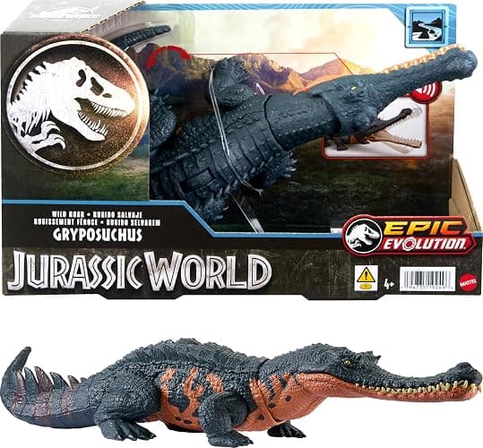 Mattel Jurassic World Wild Roar Dinosaur Toy with Sound & Attack Move, Gryposuchus Posable Action Figure Includes Digital Play, 11 inches Long - Gryposuchus - Image 1