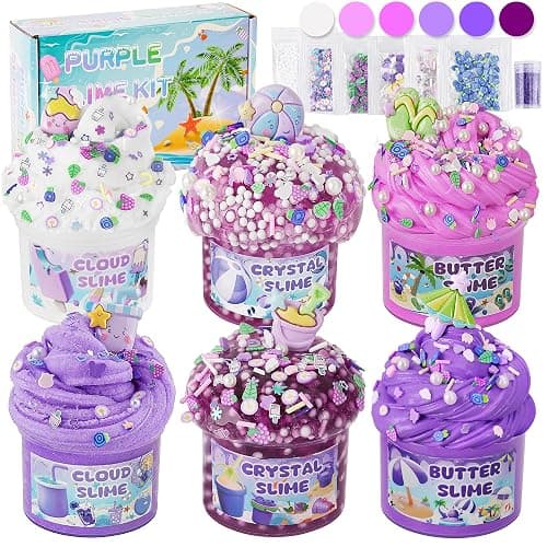 LAWOHO 6 Packs Gradient Purple Slime Kit - Cloud, Butter & Clear Slimes, Crunchy Slimes Kits for Kids with Beach Charms & Add-ins, Party Favors for Girls & Boys, 360ml Soft Non Stick Slime Making Kit - Image 1