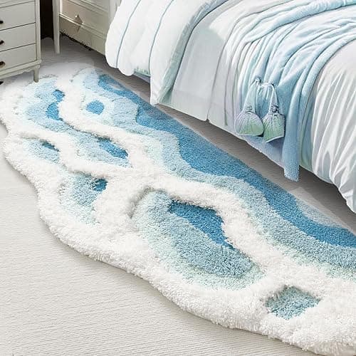 ZSHIFANG Soft Shag 3D Stereo Wave Moss Bedside Rug 20"×36" Cute Navy Blue Runner Rug Non Slip Washable Bathroom Rugs Bath Mats for Bedroom Bathroom Hallway Home Decor Indoor Doormat Shower Mat - Image 1