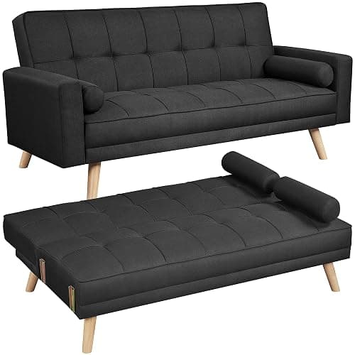 Yaheetech Modern Fabric Sofa Bed 3 Seater Click Clack Sofa Settee Recliner Couch with Wooden Legs for Living Room/Guest Room/Office, Black - Image 1