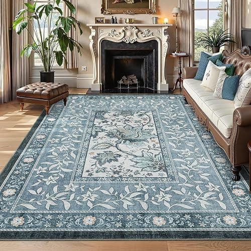 GarveeHome Provence 8x10 Area Rugs for Living Room, Botanical Grove Retro Blue Cottagecore Washable Rug for Bedroom Dining Nursery Low-Pile Vintage Large Carpet - Image 1