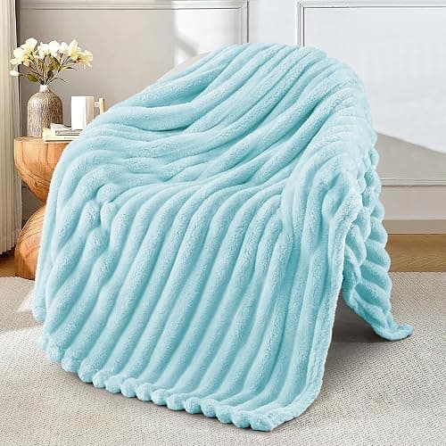 Exclusivo Mezcla Fleece Throw Blanket for Couch, Super Soft Striped Jacquard Bed Blanket, Lightweight Fuzzy Cozy for All Seasons, 50x60 Inches, Light Blue - Light Blue - Throw (50"x60") - Image 1