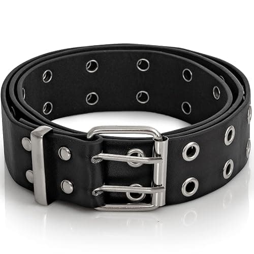 Skeleteen Double Grommet Punk Belt - Black Faux Leather 2 Prong and Holes Aesthetic Grunge Belts for Men Women and Kids - Image 1