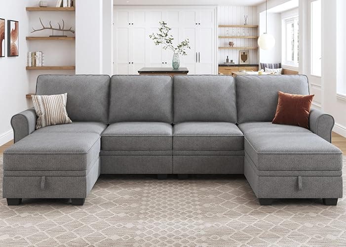 HONBAY Convertible Sectional Sofa with Storage Seat 6 Seat Sofa with Reversible Chaise U Shaped Sectional Couch for Living Room,Light Grey - Image 1